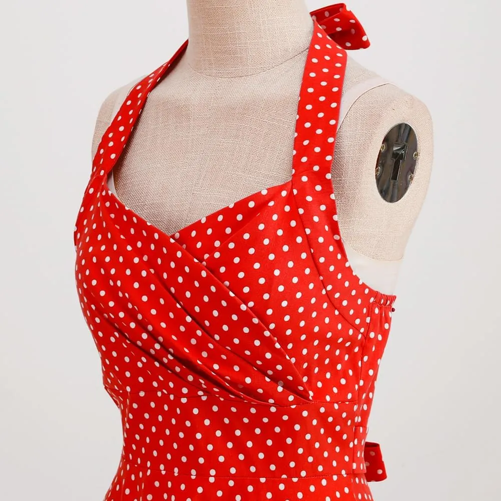 Women 1950s Dresses Vintage Spaghetti Strap Halter Polka Dot Swing A Line Midi Dress Cocktail Party Evening Prom Gown