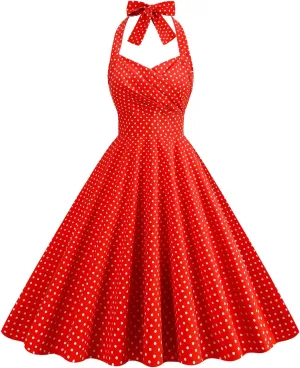 Women 1950s Dresses Vintage Spaghetti Strap Halter Polka Dot Swing A Line Midi Dress Cocktail Party Evening Prom Gown