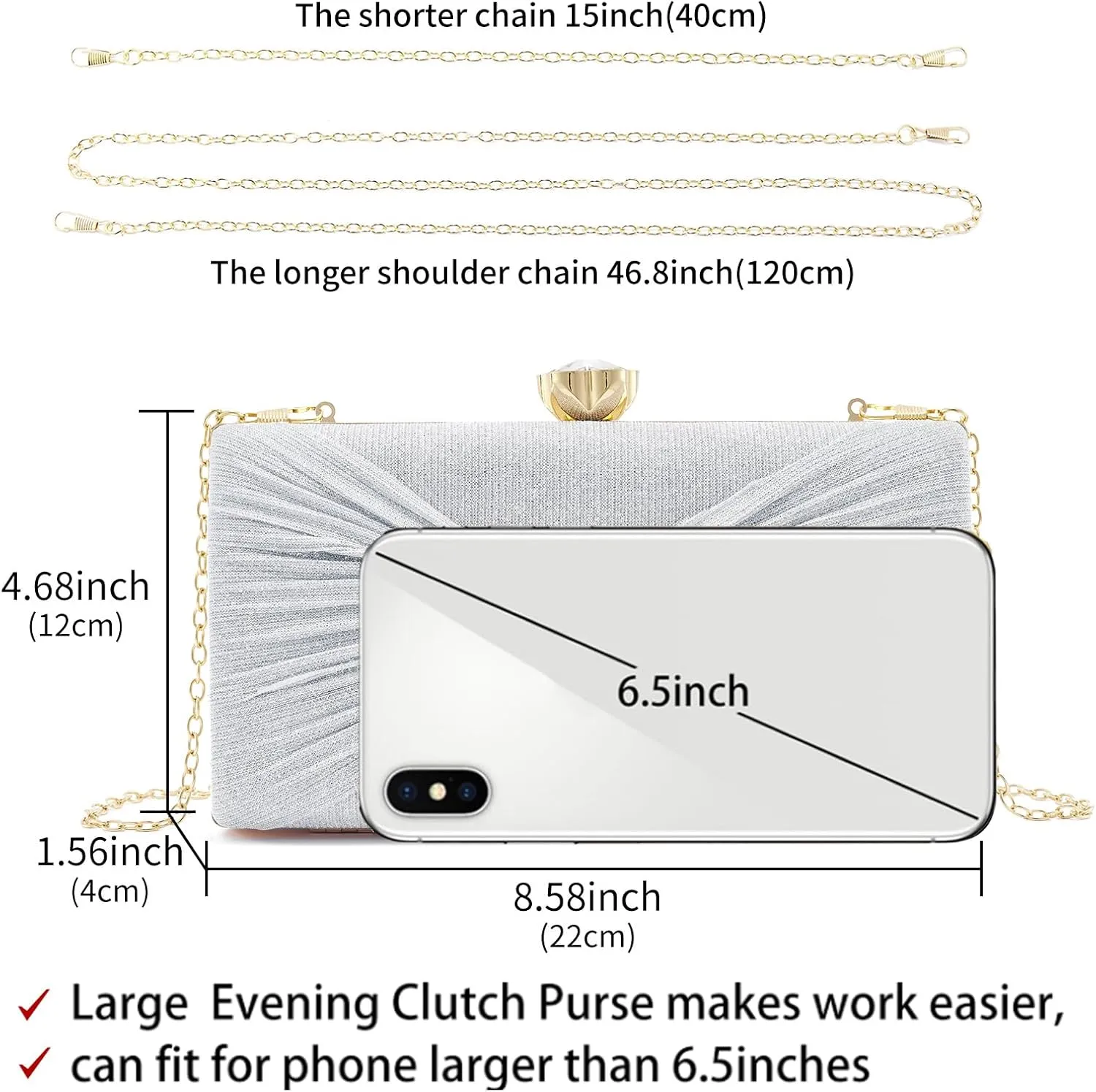 Women Dazzling Pleated Evening Clutch Bag Glitter Pleated Bow Handbag Wedding Purse Party Bag Formal Clutches