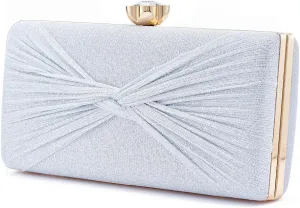 Women Dazzling Pleated Evening Clutch Bag Glitter Pleated Bow Handbag Wedding Purse Party Bag Formal Clutches