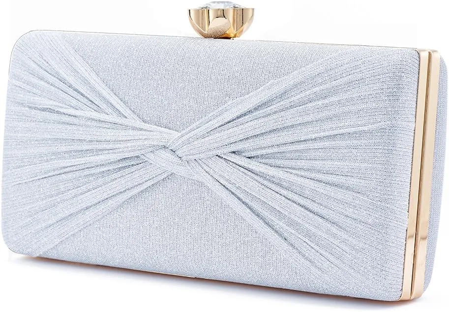 Women Dazzling Pleated Evening Clutch Bag Glitter Pleated Bow Handbag Wedding Purse Party Bag Formal Clutches