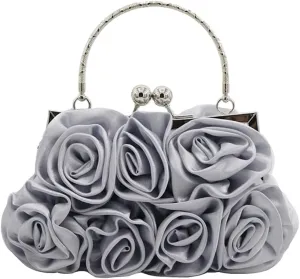 Women Evening Bag Rose Shaped Clutch Bag Satin Handbag Small Shoulder Bag with Kiss Lock