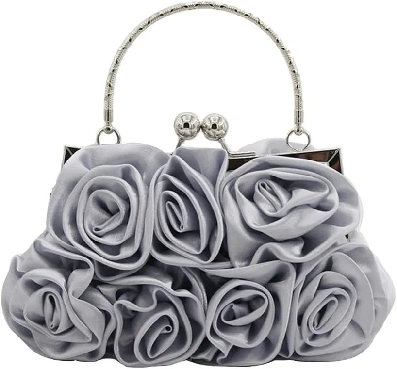 Women Evening Bag Rose Shaped Clutch Bag Satin Handbag Small Shoulder Bag with Kiss Lock