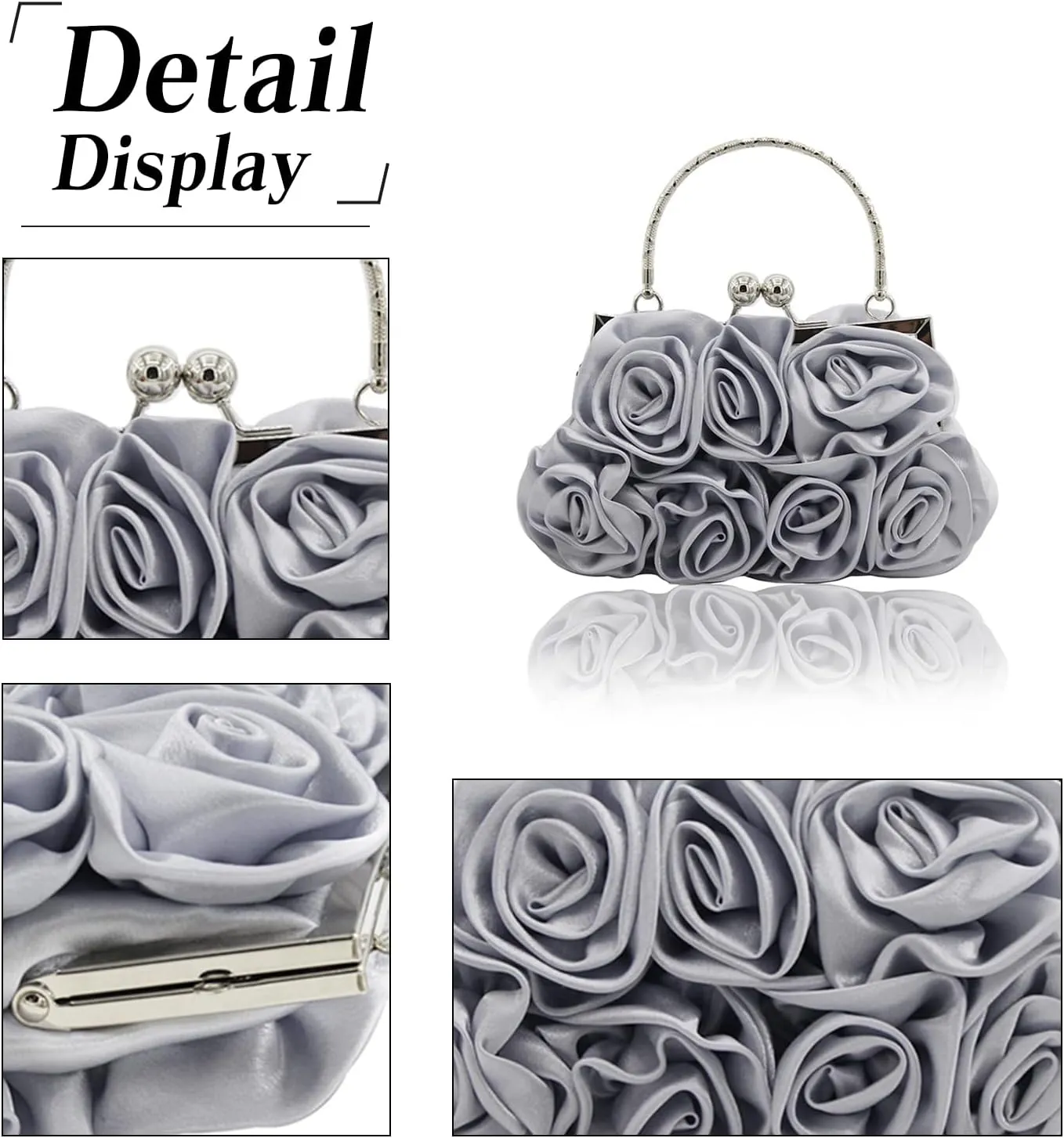 Women Evening Bag Rose Shaped Clutch Bag Satin Handbag Small Shoulder Bag with Kiss Lock