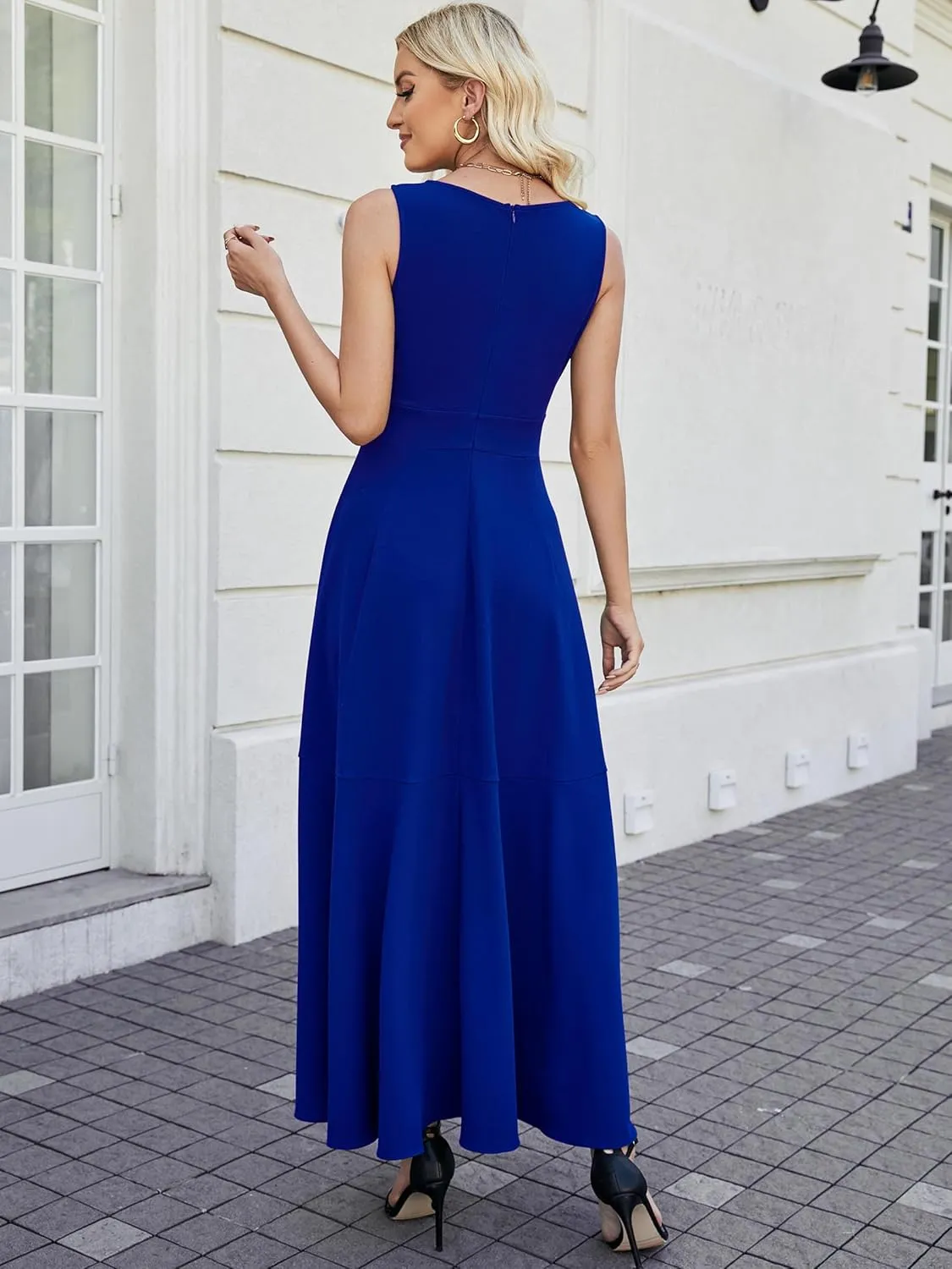 Women Formal Dresses,V Neck Evening Gowns for Women 2024 Long Wedding Guest Party Sleeveless Prom Pockets Dress