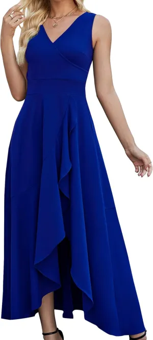Women Formal Dresses,V Neck Evening Gowns for Women 2024 Long Wedding Guest Party Sleeveless Prom Pockets Dress