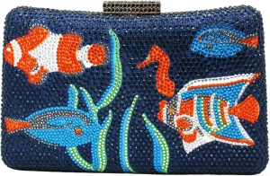 Women Glitter Fish Pattern Crystal Evening Bag Square Box Rhinestone Handbag Diamond Shoulder Bag for Banquet Party