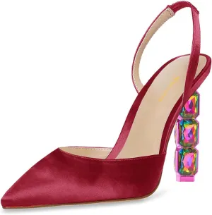 Women Gorgeous Crystal High Heel Slip On Slingback Pumps Pointed Toe Ladies Summer Evening Dress Shoes Size 4-16 US