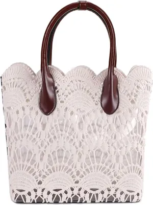 Women Lace Tote Vintage Solid Clear Bag Handbag with Off-White Cotton Lace Fabric