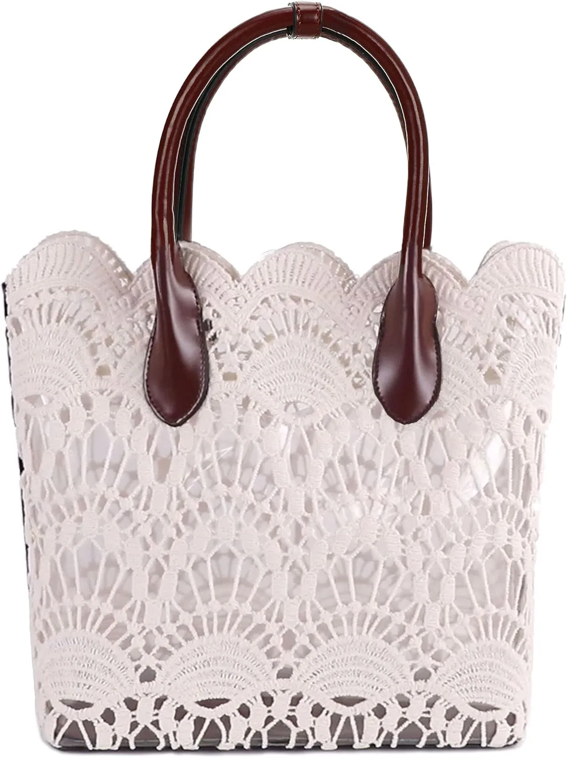 Women Lace Tote Vintage Solid Clear Bag Handbag with Off-White Cotton Lace Fabric