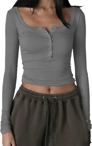 Women Long Sleeve Crop Tops Tee Shirts Solid Color Vintage V Neck T-Shirt Streetwear