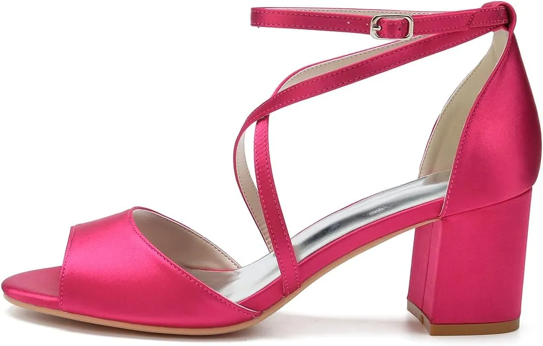 Women Peep Toe Mid Heel Satin Cross Strappy Pumps Wedding Evening Dress Dance Shoes