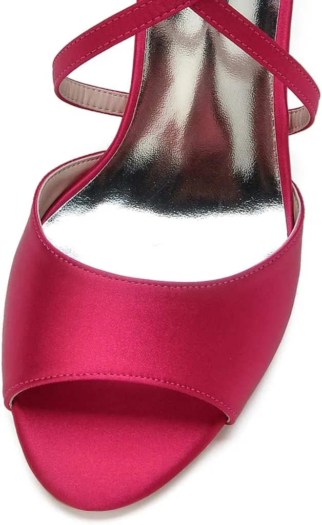 Women Peep Toe Mid Heel Satin Cross Strappy Pumps Wedding Evening Dress Dance Shoes