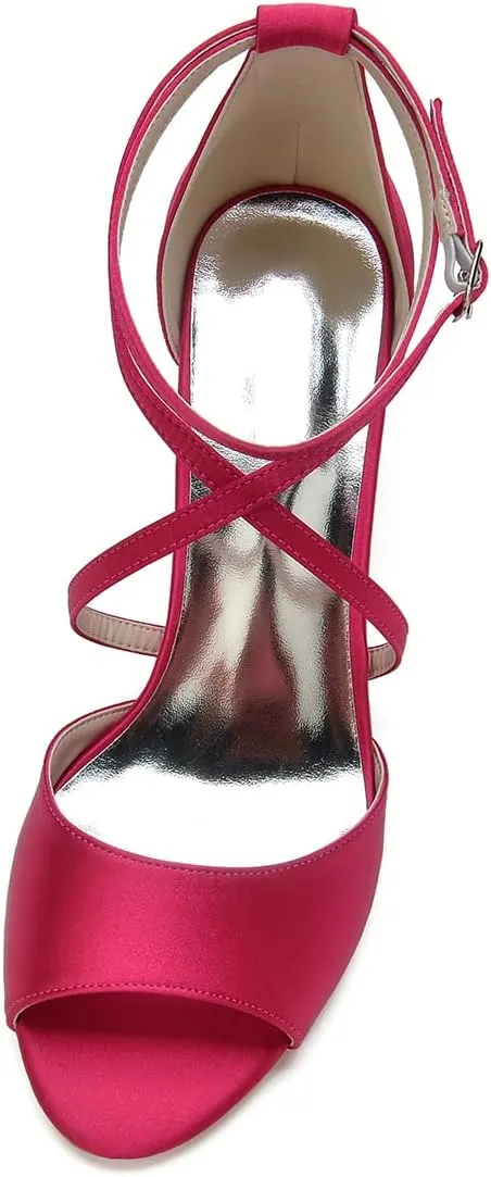 Women Peep Toe Mid Heel Satin Cross Strappy Pumps Wedding Evening Dress Dance Shoes