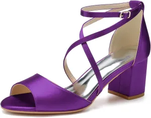 Women Peep Toe Mid Heel Satin Cross Strappy Pumps Wedding Evening Dress Dance Shoes