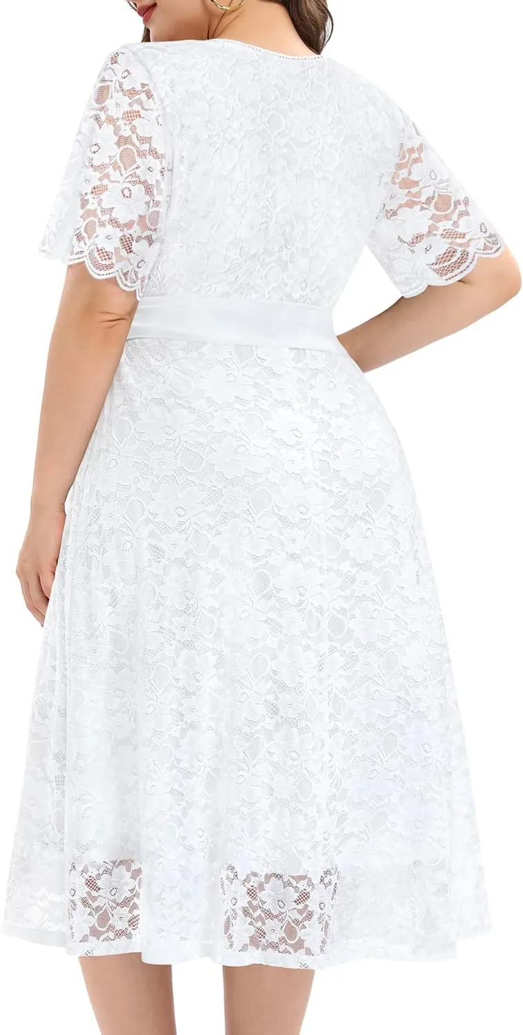 Women Plus Size Lace Bridal Shower Wedding Guest Cocktail Semi Formal V Neck Short Sleeve Midi Dresses