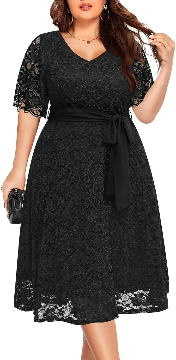 Women Plus Size Lace Bridal Shower Wedding Guest Cocktail Semi Formal V Neck Short Sleeve Midi Dresses