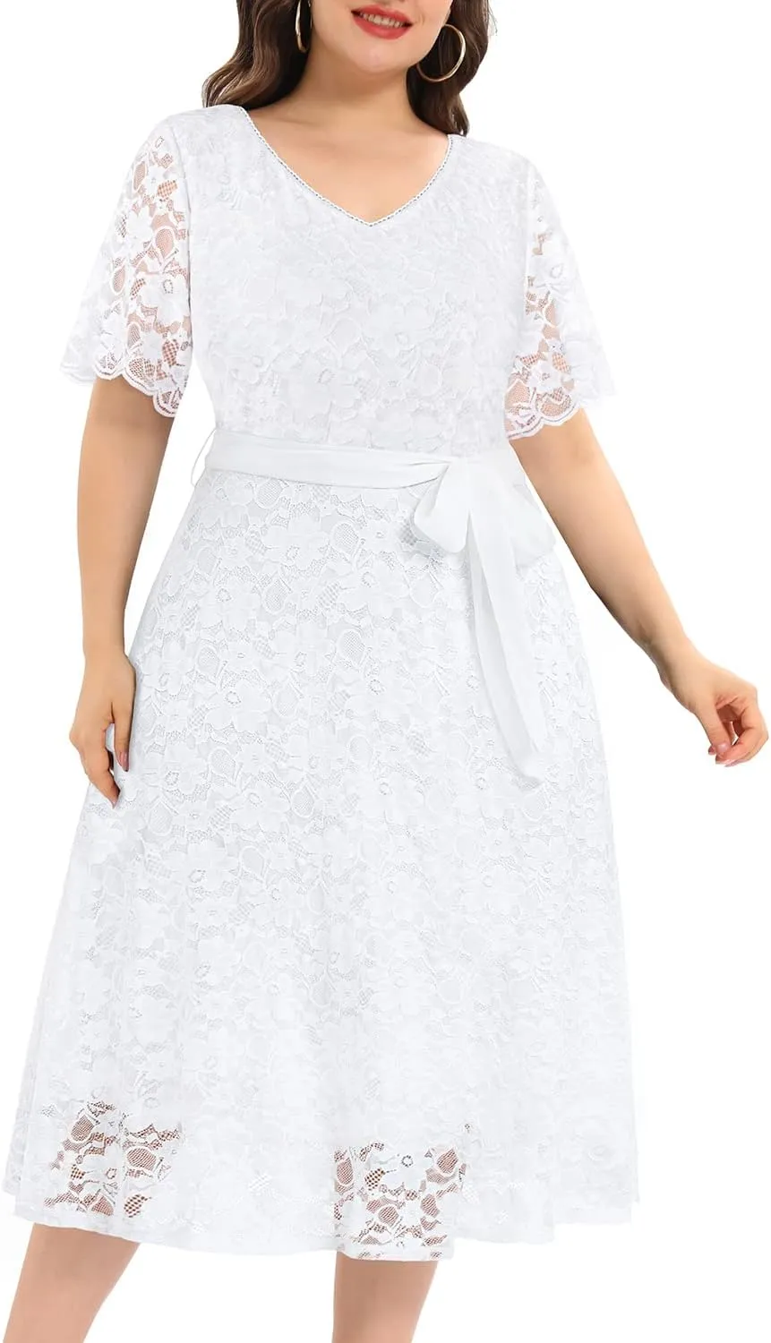 Women Plus Size Lace Bridal Shower Wedding Guest Cocktail Semi Formal V Neck Short Sleeve Midi Dresses