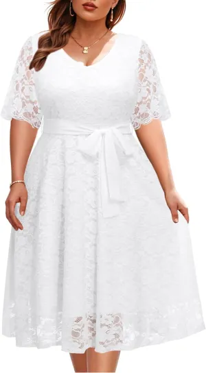 Women Plus Size Lace Bridal Shower Wedding Guest Cocktail Semi Formal V Neck Short Sleeve Midi Dresses