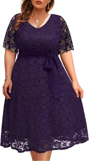 Women Plus Size Lace Bridal Shower Wedding Guest Cocktail Semi Formal V Neck Short Sleeve Midi Dresses