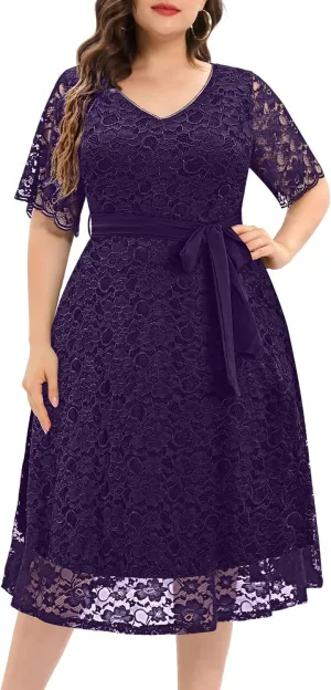 Women Plus Size Lace Bridal Shower Wedding Guest Cocktail Semi Formal V Neck Short Sleeve Midi Dresses