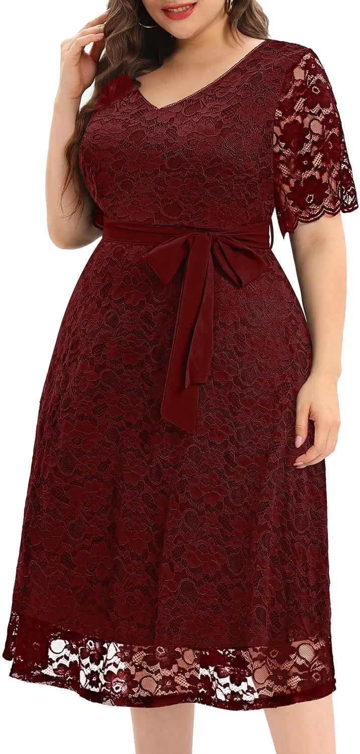 Women Plus Size Lace Bridal Shower Wedding Guest Cocktail Semi Formal V Neck Short Sleeve Midi Dresses
