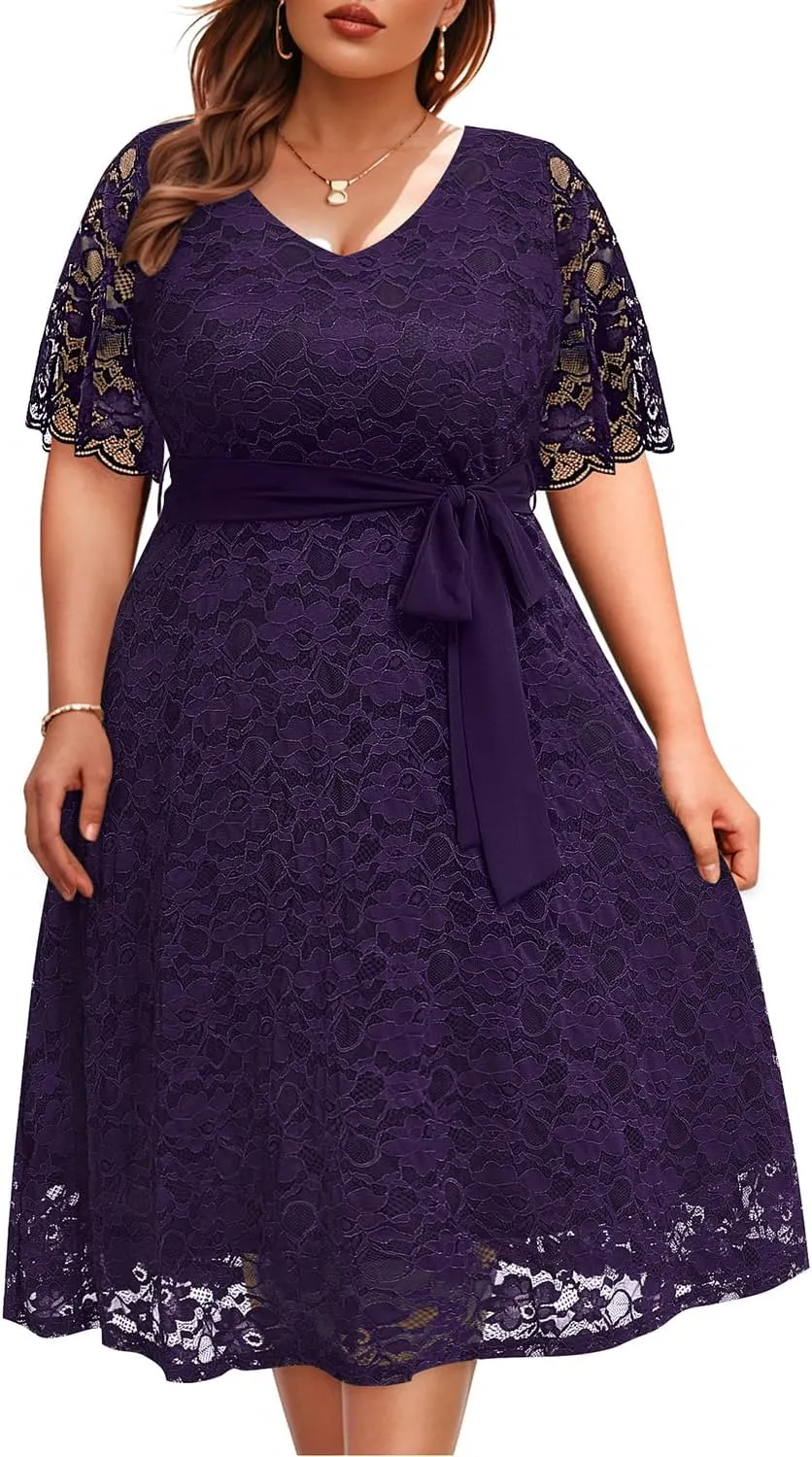 Women Plus Size Lace Bridal Shower Wedding Guest Cocktail Semi Formal V Neck Short Sleeve Midi Dresses