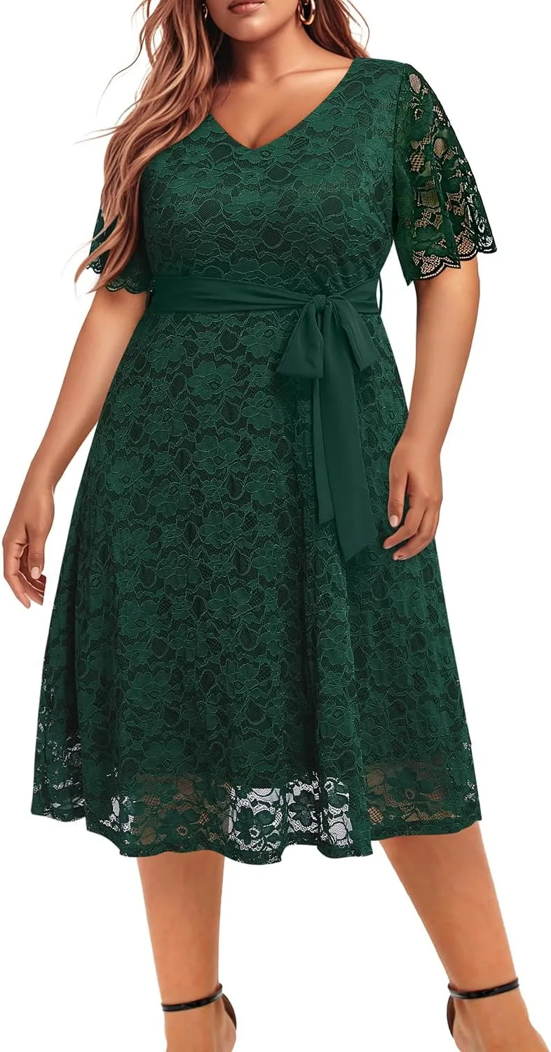 Women Plus Size Lace Bridal Shower Wedding Guest Cocktail Semi Formal V Neck Short Sleeve Midi Dresses
