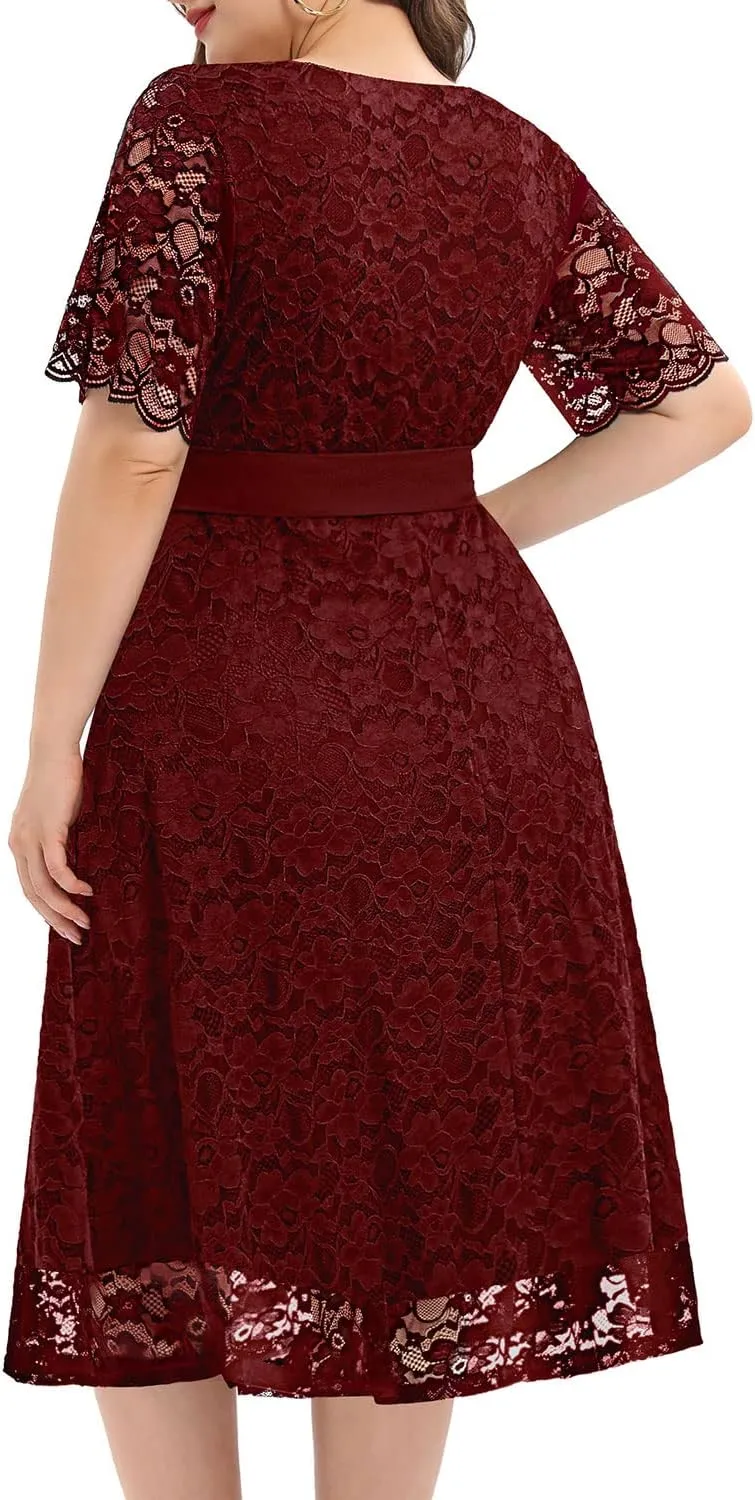 Women Plus Size Lace Bridal Shower Wedding Guest Cocktail Semi Formal V Neck Short Sleeve Midi Dresses