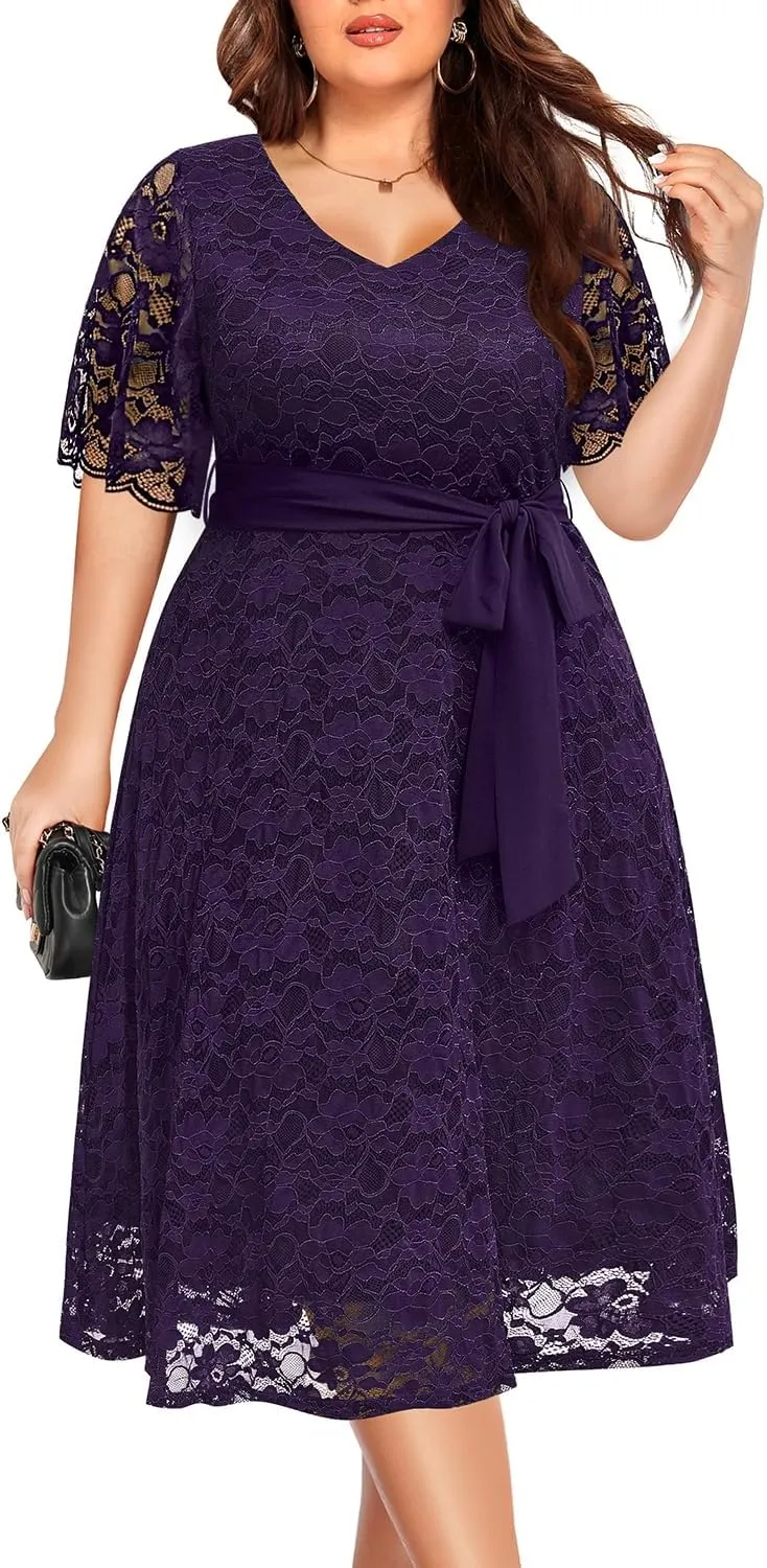 Women Plus Size Lace Bridal Shower Wedding Guest Cocktail Semi Formal V Neck Short Sleeve Midi Dresses