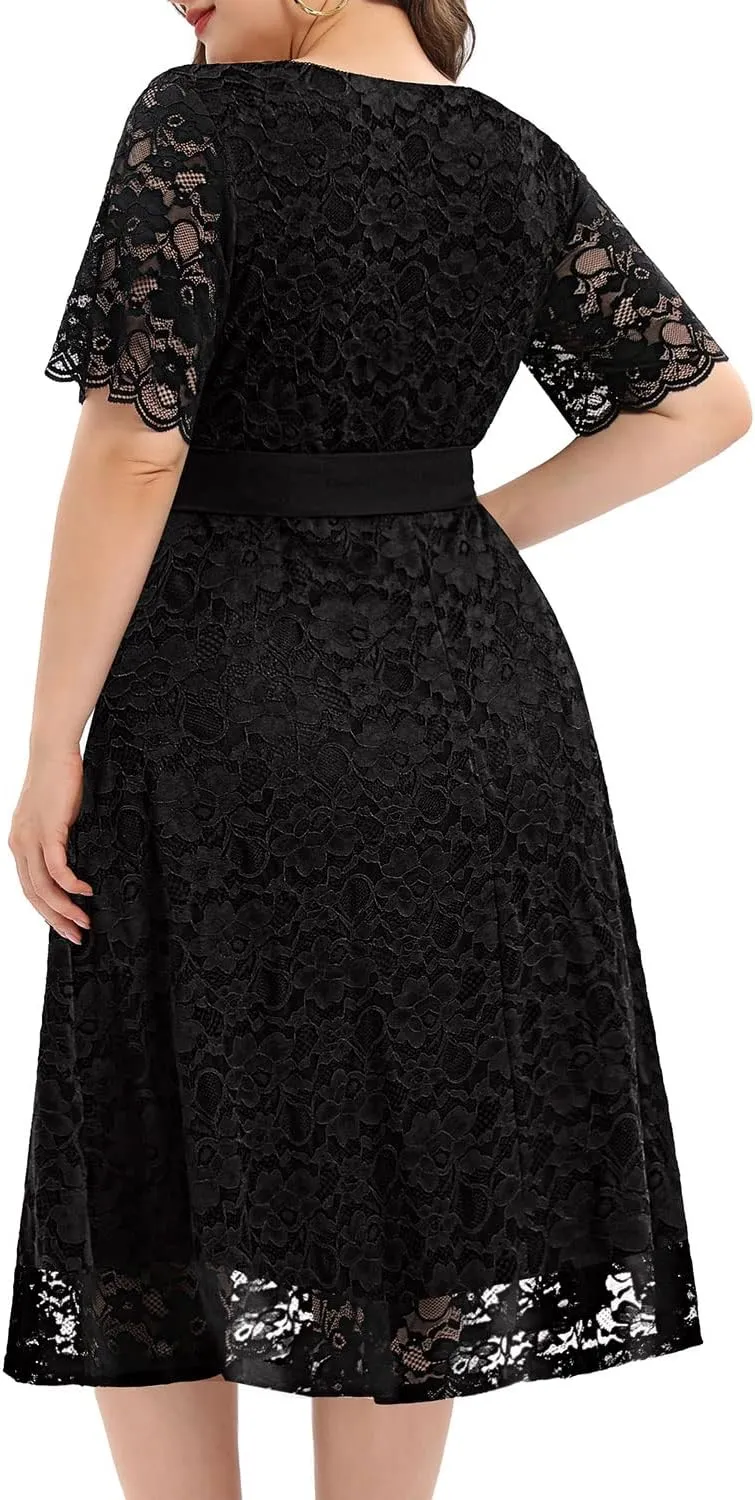 Women Plus Size Lace Bridal Shower Wedding Guest Cocktail Semi Formal V Neck Short Sleeve Midi Dresses
