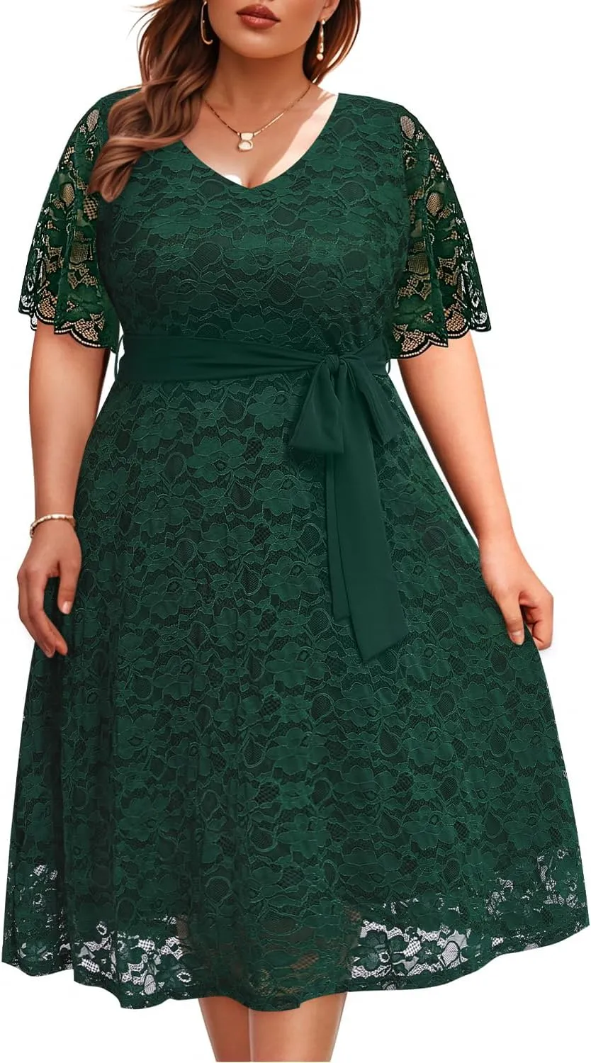 Women Plus Size Lace Bridal Shower Wedding Guest Cocktail Semi Formal V Neck Short Sleeve Midi Dresses