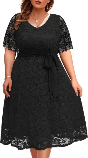 Women Plus Size Lace Bridal Shower Wedding Guest Cocktail Semi Formal V Neck Short Sleeve Midi Dresses