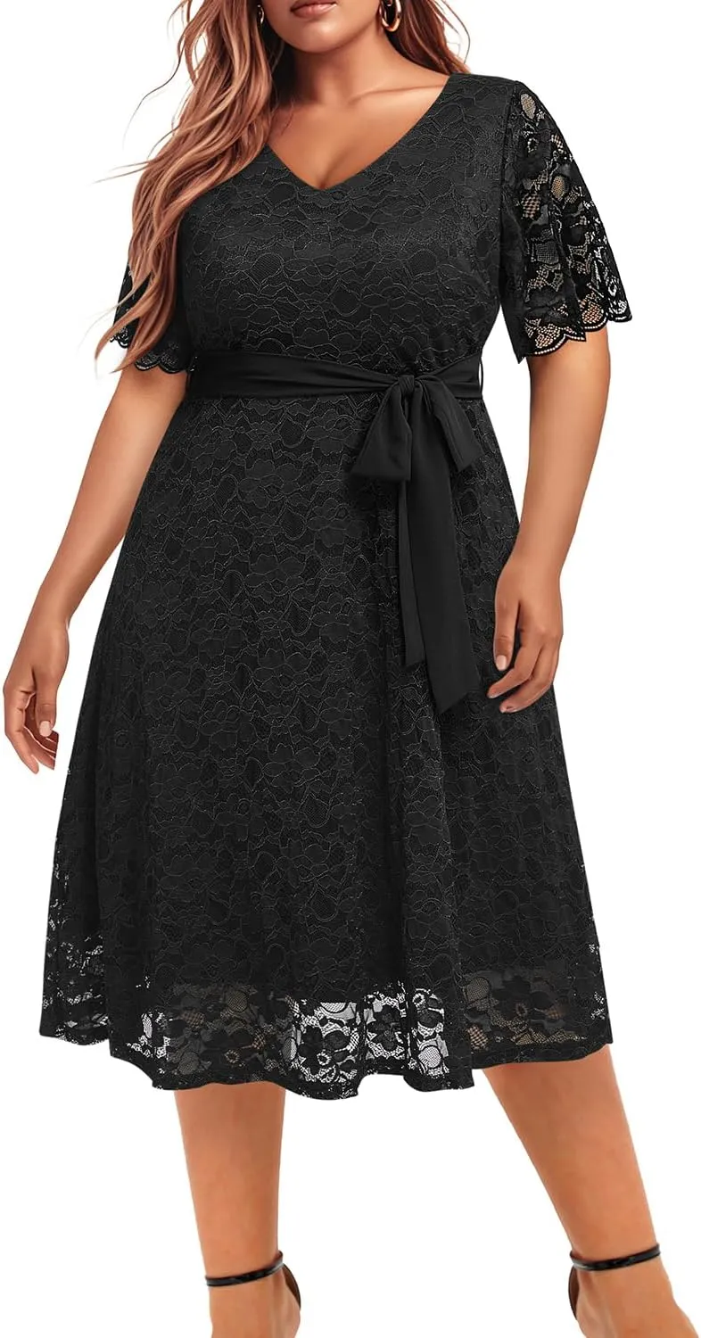 Women Plus Size Lace Bridal Shower Wedding Guest Cocktail Semi Formal V Neck Short Sleeve Midi Dresses