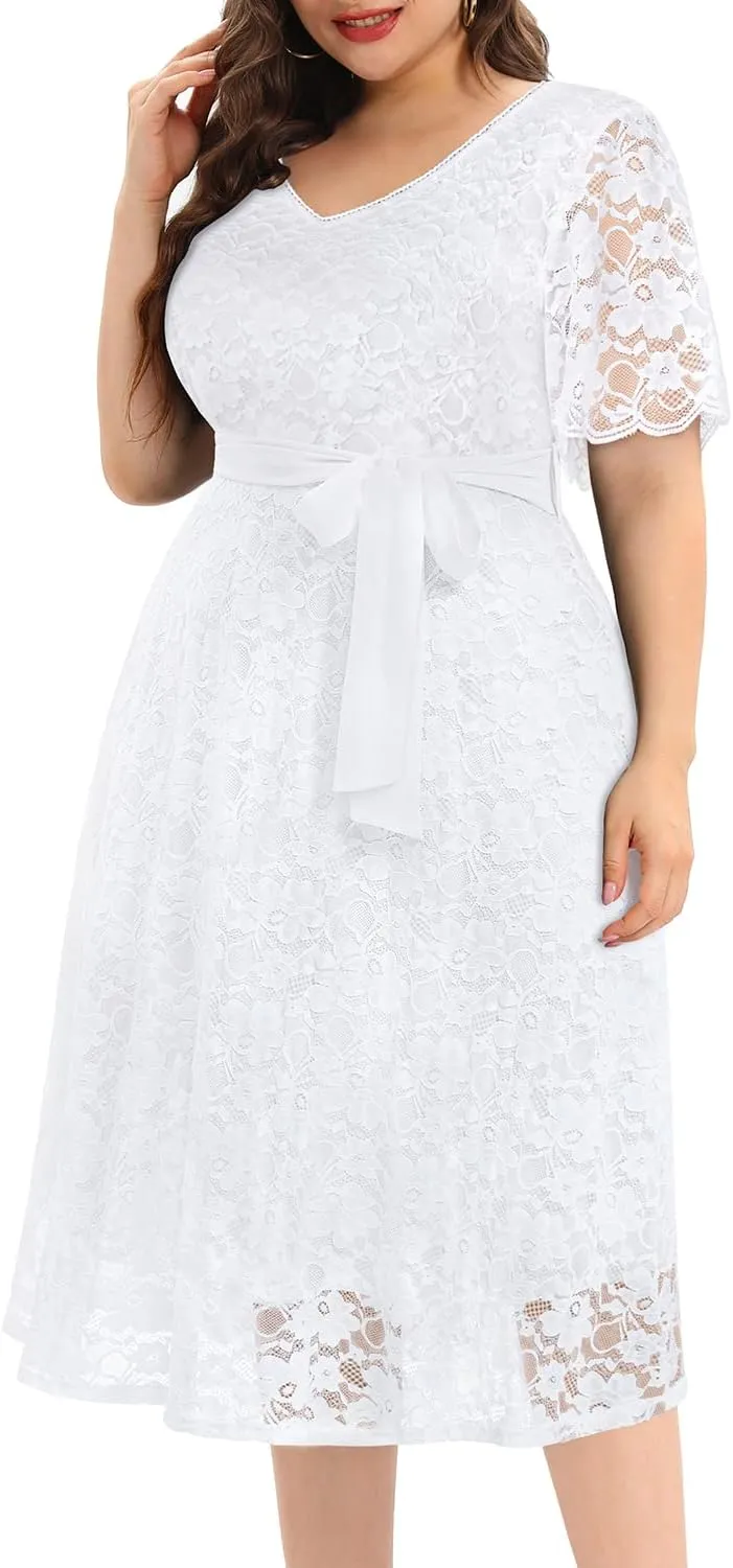 Women Plus Size Lace Bridal Shower Wedding Guest Cocktail Semi Formal V Neck Short Sleeve Midi Dresses