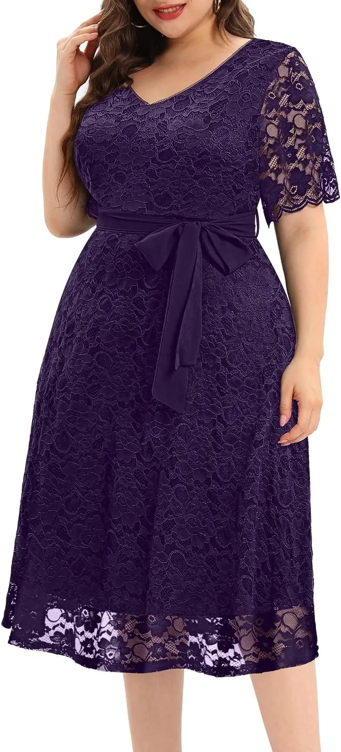 Women Plus Size Lace Bridal Shower Wedding Guest Cocktail Semi Formal V Neck Short Sleeve Midi Dresses