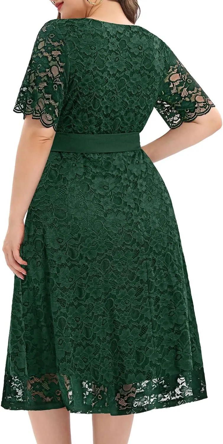 Women Plus Size Lace Bridal Shower Wedding Guest Cocktail Semi Formal V Neck Short Sleeve Midi Dresses