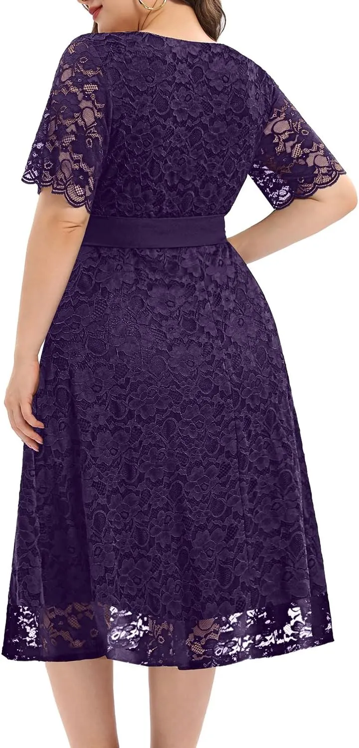 Women Plus Size Lace Bridal Shower Wedding Guest Cocktail Semi Formal V Neck Short Sleeve Midi Dresses