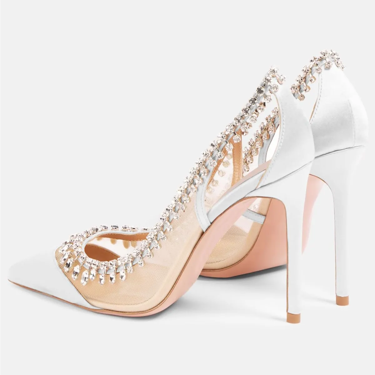 Women Pointed Cap Toe Gorgeous Rhinestone Studded Pumps Slip on Stiletto High Heel Mesh Sandals Wedding Cocktail Dressy Shoes Size 4-16 US