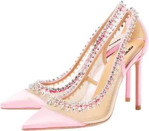 Women Pointed Cap Toe Gorgeous Rhinestone Studded Pumps Slip on Stiletto High Heel Mesh Sandals Wedding Cocktail Dressy Shoes Size 4-16 US