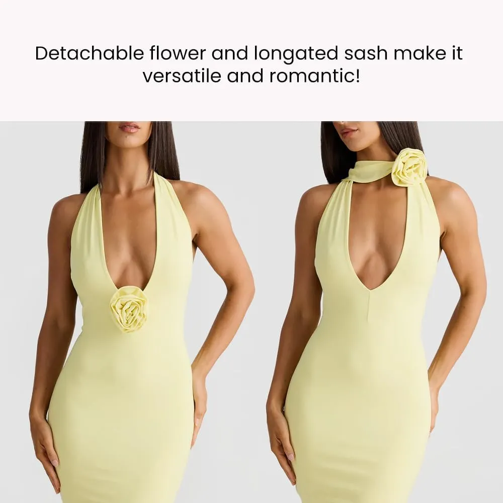 Women Sexy Backless Dress Halter Deep V Neck Detachable Flower Sleeveless Open Back Maxi Dress Cocktail Prom Formal Dresses