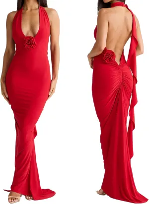 Women Sexy Backless Dress Halter Deep V Neck Detachable Flower Sleeveless Open Back Maxi Dress Cocktail Prom Formal Dresses
