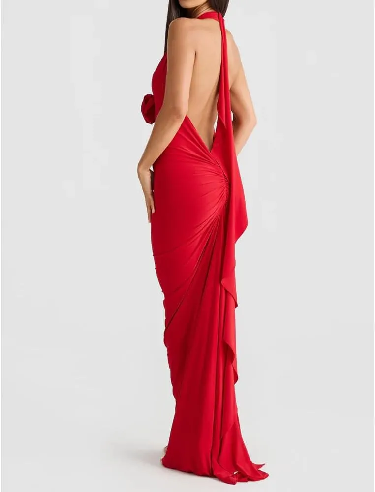Women Sexy Backless Dress Halter Deep V Neck Detachable Flower Sleeveless Open Back Maxi Dress Cocktail Prom Formal Dresses