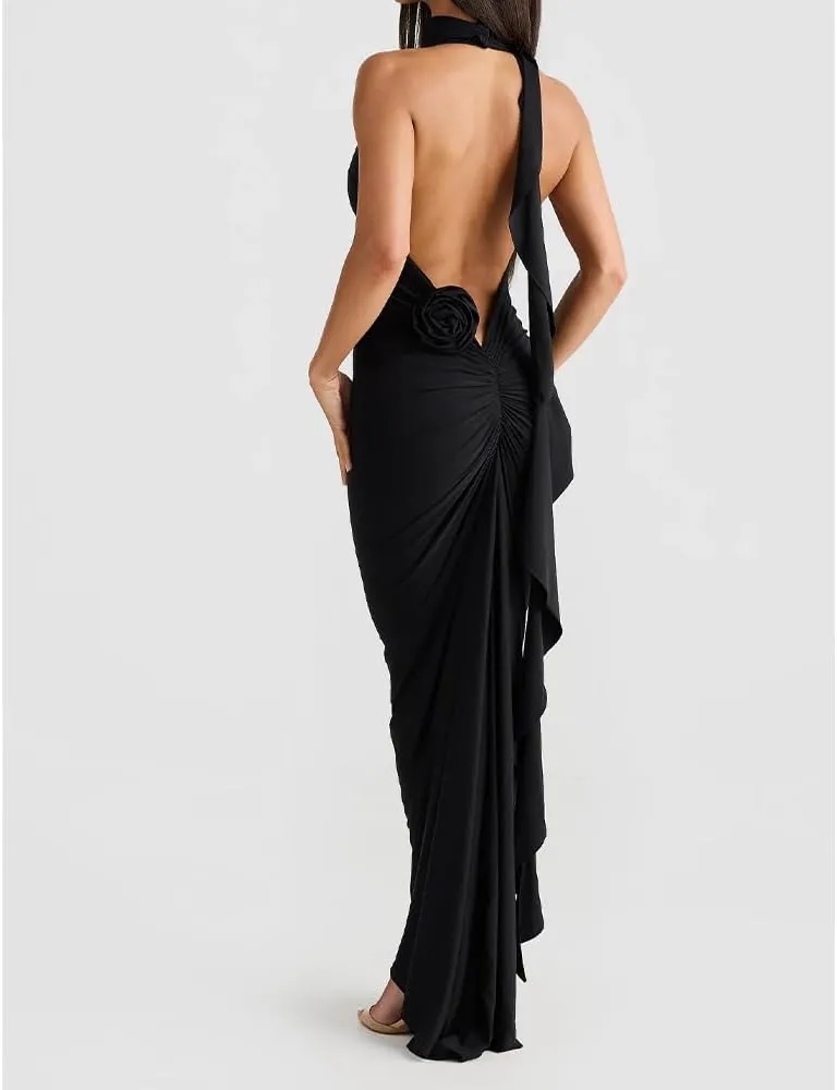Women Sexy Backless Dress Halter Deep V Neck Detachable Flower Sleeveless Open Back Maxi Dress Cocktail Prom Formal Dresses