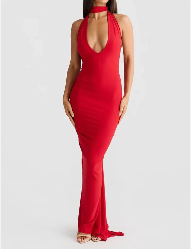 Women Sexy Backless Dress Halter Deep V Neck Detachable Flower Sleeveless Open Back Maxi Dress Cocktail Prom Formal Dresses
