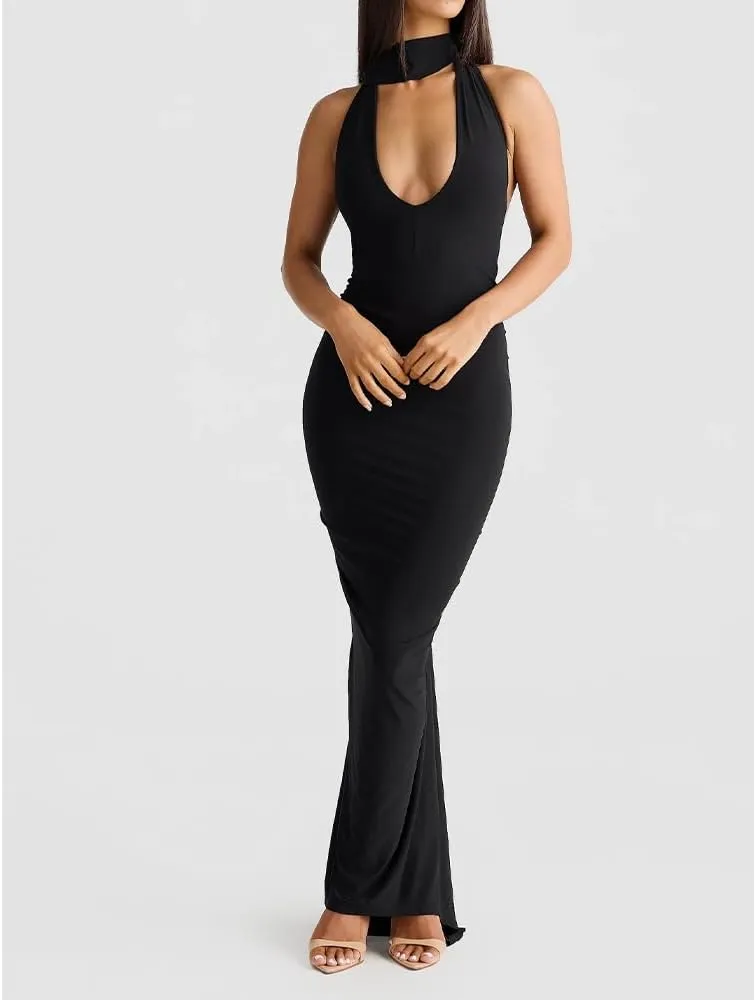 Women Sexy Backless Dress Halter Deep V Neck Detachable Flower Sleeveless Open Back Maxi Dress Cocktail Prom Formal Dresses