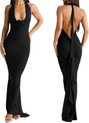 Women Sexy Backless Dress Halter Deep V Neck Detachable Flower Sleeveless Open Back Maxi Dress Cocktail Prom Formal Dresses