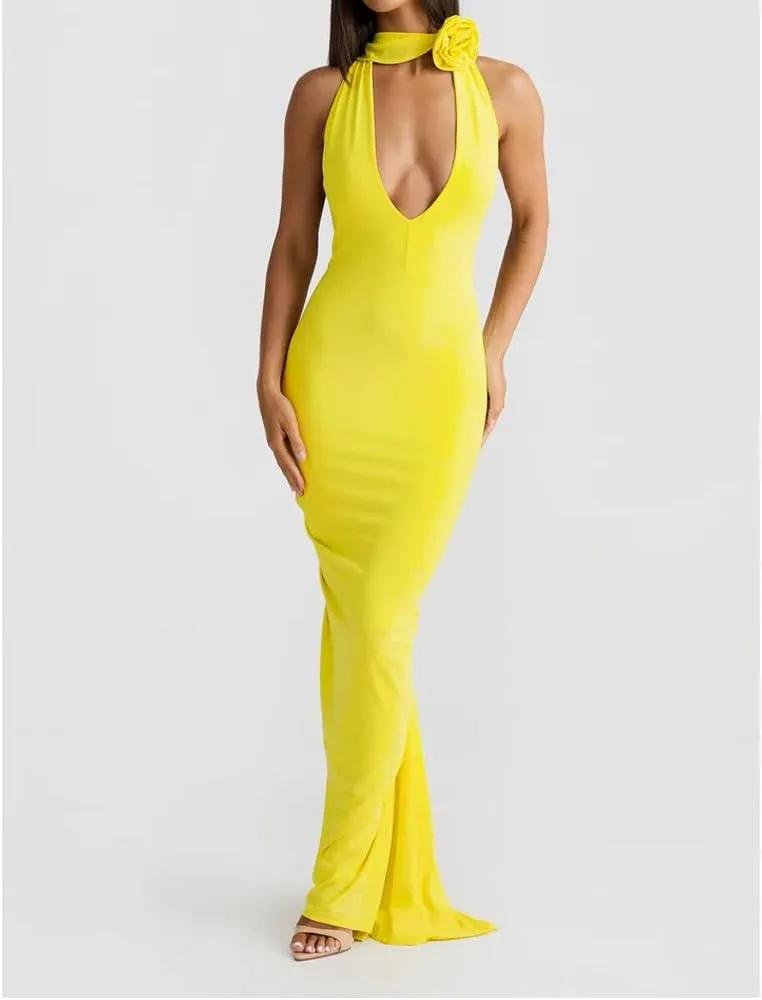 Women Sexy Backless Dress Halter Deep V Neck Detachable Flower Sleeveless Open Back Maxi Dress Cocktail Prom Formal Dresses