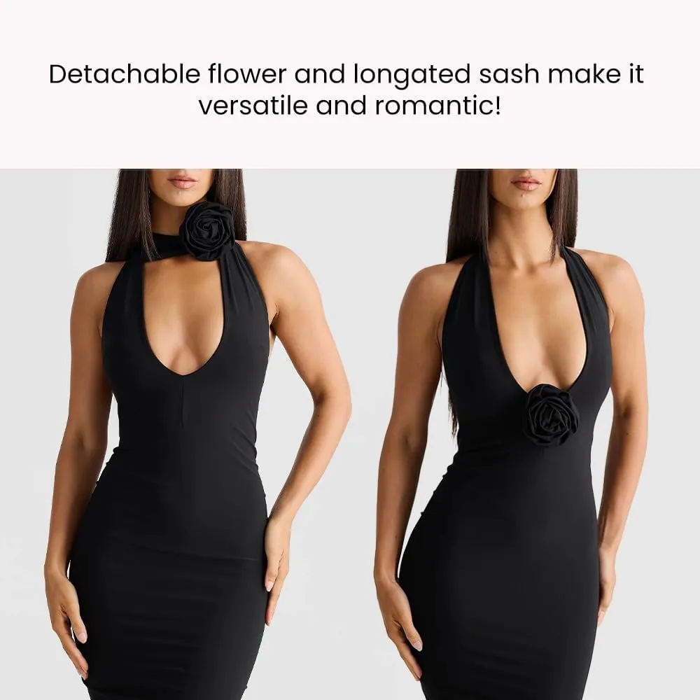 Women Sexy Backless Dress Halter Deep V Neck Detachable Flower Sleeveless Open Back Maxi Dress Cocktail Prom Formal Dresses