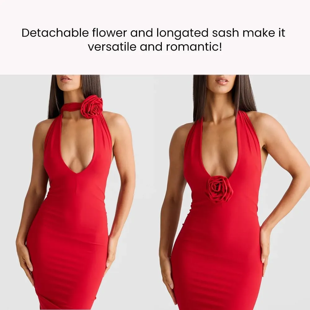 Women Sexy Backless Dress Halter Deep V Neck Detachable Flower Sleeveless Open Back Maxi Dress Cocktail Prom Formal Dresses